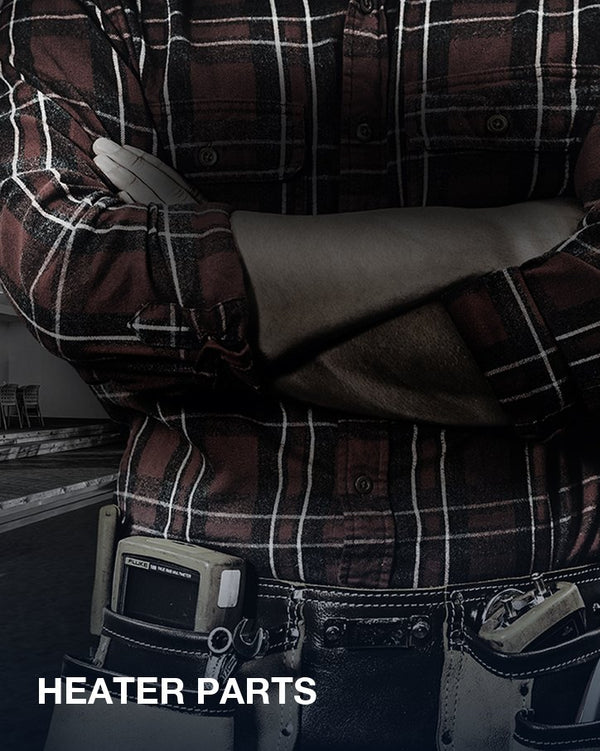Heater parts: a technician with a tool belt in front of Raypak heaters