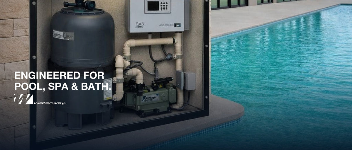 A Waterway pump and filter on an equipment pad beside an infinity pool. Engineered for pool, spa and bath. Waterway
