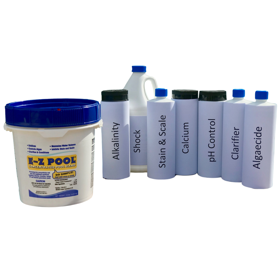 One E-Z Pool pail beside the separate pool chemicals it replaces